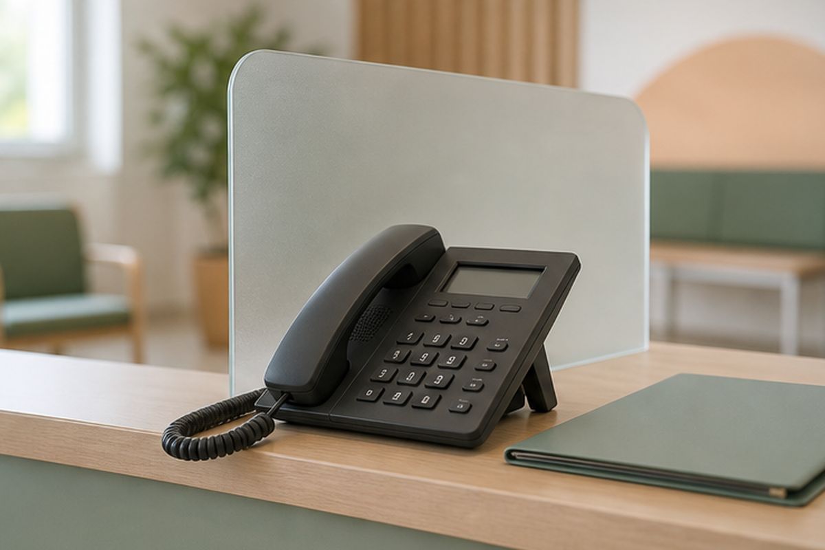 Telefon stacjonarny na ladzie rejestracji obok matowej przesłony i zamkniętej teczki
