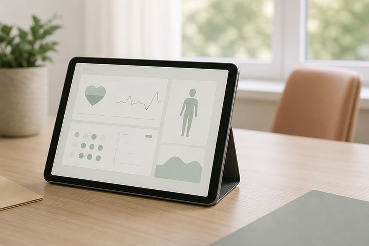 Tablet z panelem danych zdrowotnych ustawiony na biurku przy jasnym oknie