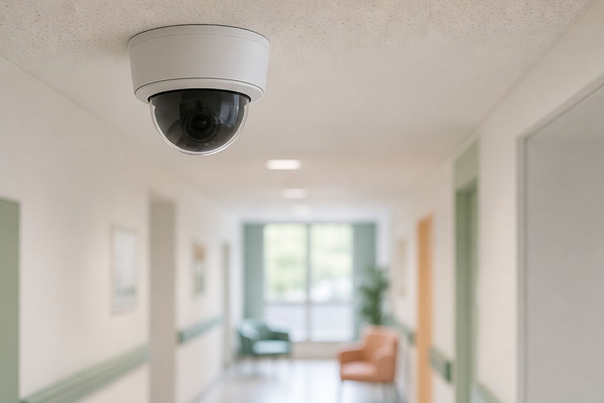 Biała kopułkowa kamera monitoringu pod sufitem jasnego korytarza przychodni