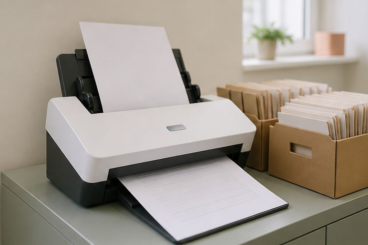 Skaner dokumentów z kartką papieru obok kartonów z archiwalną dokumentacją