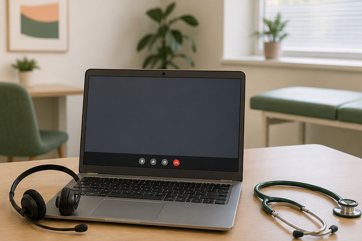 Laptop z oknem rozmowy wideo, słuchawki i stetoskop na biurku lekarza